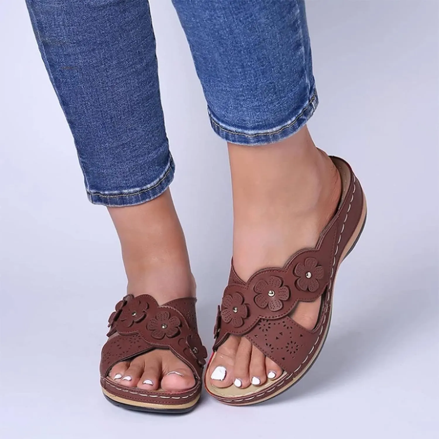 Orthopedic Sandals For Women Women's Comfort Leather Slides Lightweight Wedge Sandals Slip On Casual Walking Slippers with Arch Support Cushion Platform Sandals Dressy Summer