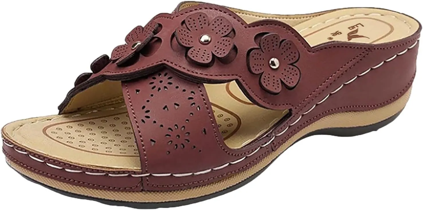 Orthopedic Sandals For Women Women's Comfort Leather Slides Lightweight Wedge Sandals Slip On Casual Walking Slippers with Arch Support Cushion Platform Sandals Dressy Summer