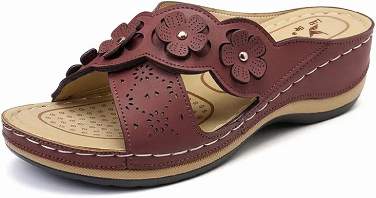 Orthopedic Sandals For Women Women's Comfort Leather Slides Lightweight Wedge Sandals Slip On Casual Walking Slippers with Arch Support Cushion Platform Sandals Dressy Summer