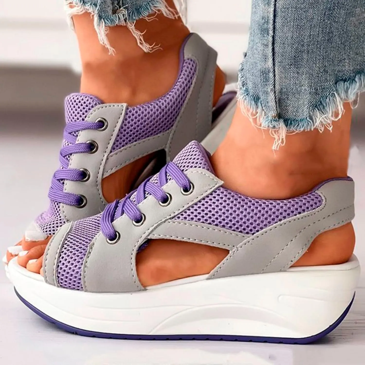Paneled Cutout Lace-Up Muffin Sandals for Women Summer Peep Toe Platform Sandals Mesh Wedges Causal Comfy Sports Sandals
