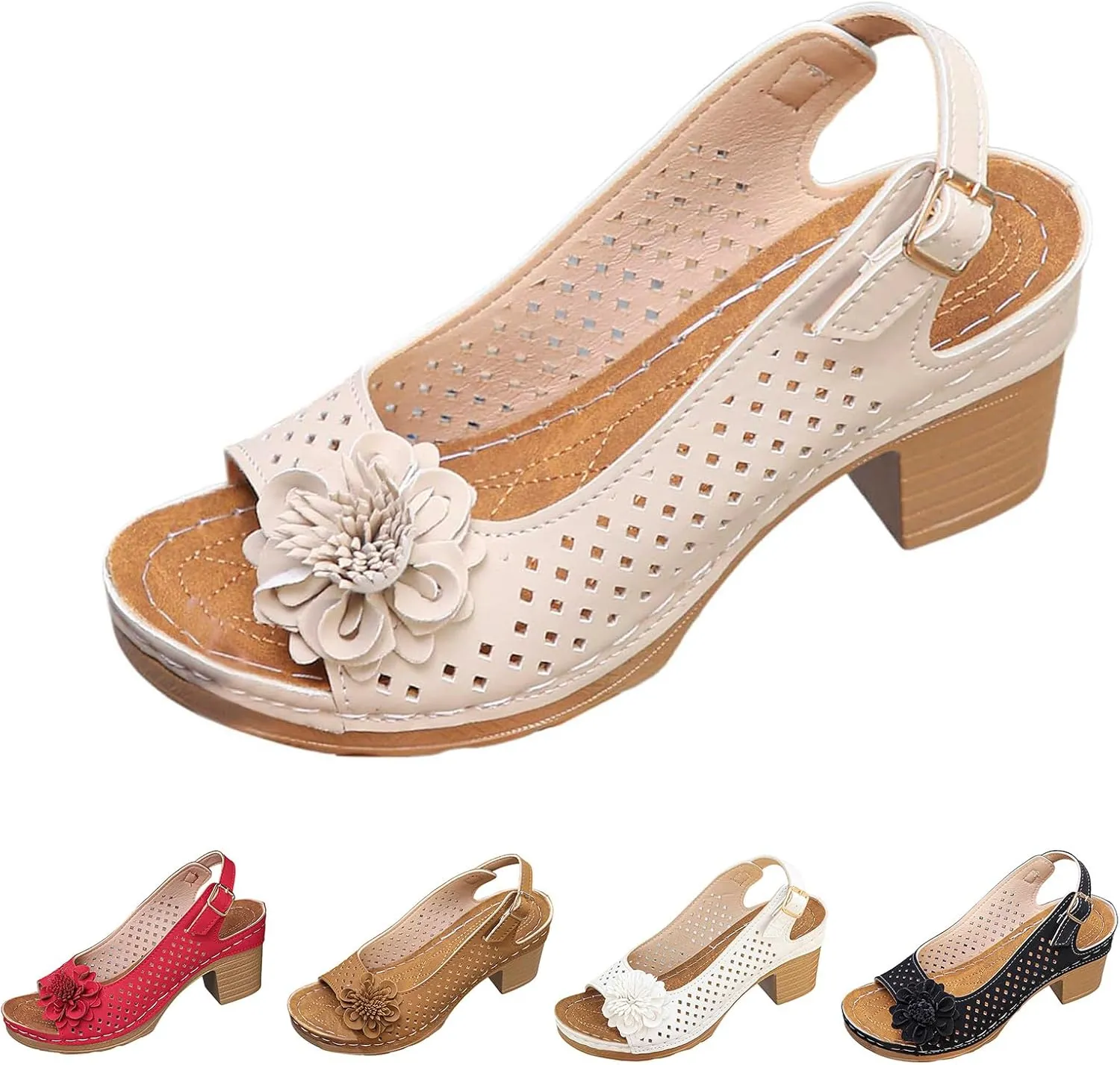 Peep Toe Wedges Heels for Women Leathers Low Heels Sandals Hollow Out Open Toe Breathable Shoes Slingback Casual Beach Shoes