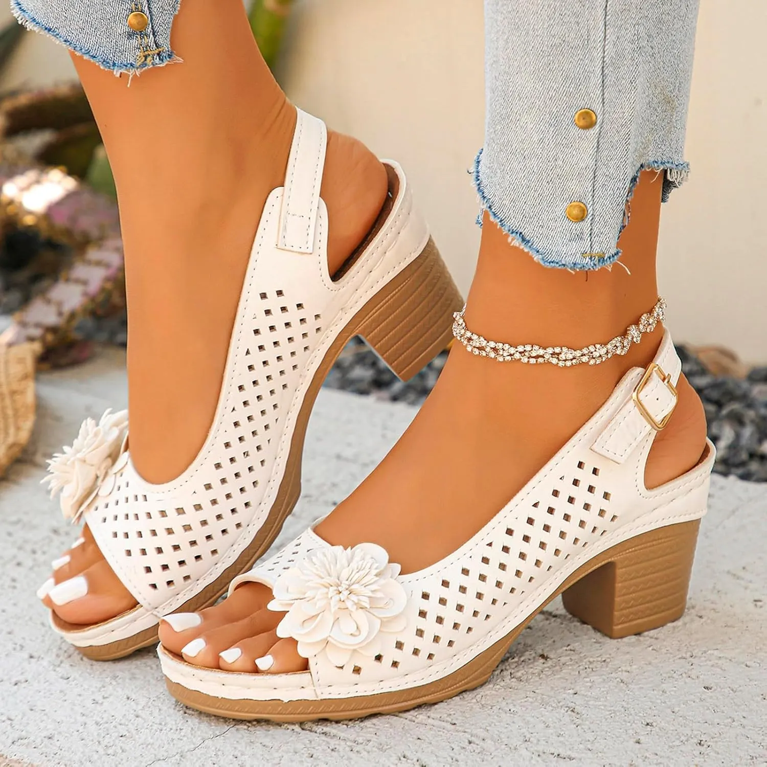 Peep Toe Wedges Heels for Women Leathers Low Heels Sandals Hollow Out Open Toe Breathable Shoes Slingback Casual Beach Shoes