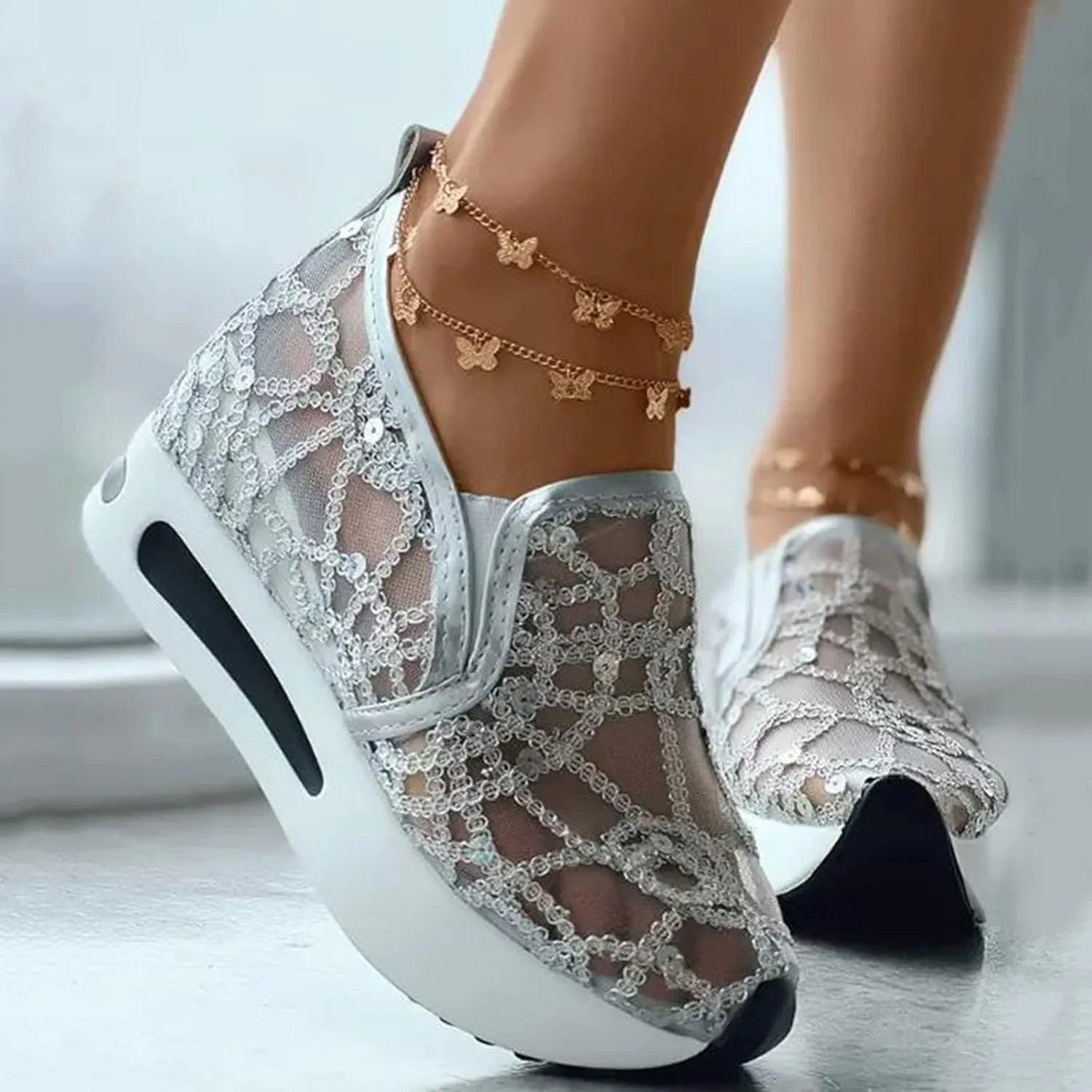 Platform Sneakers for Women Air Cushion | Walking Shoes Women Comfortable All Day Fashion Sneaker Low Top Chunky Breathable Slip On Loafers Ladies Hidden Sneakers Orthopedic Wedge Tennis Shoes