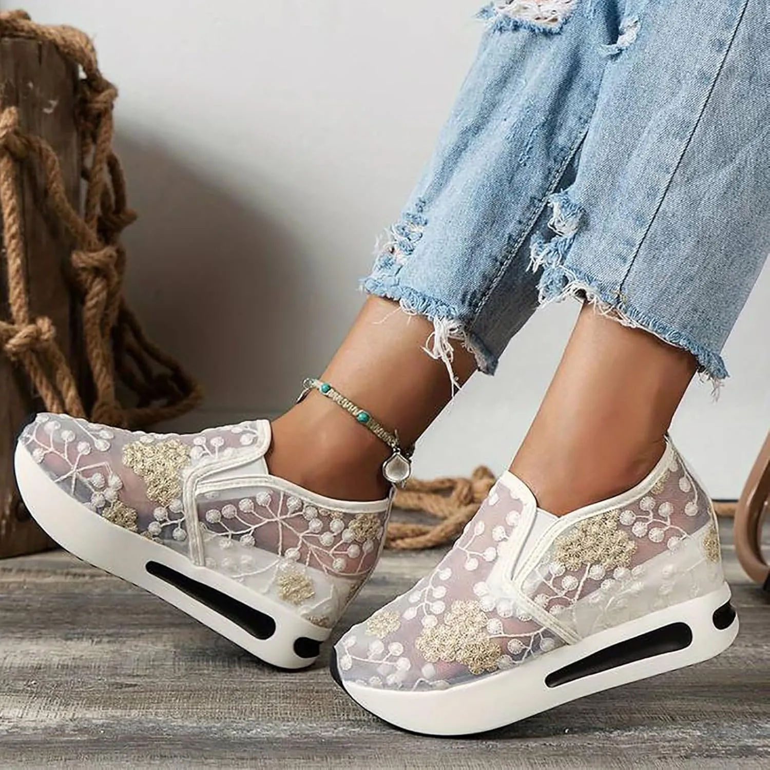 Platform Sneakers for Women Dressy Summer Shoes Lightweight Walking Shoes Fashion Casual Sneakers Comfortable Embroidery Floral Shoe Mesh Breathable Slip On Footwear Floral Loafers