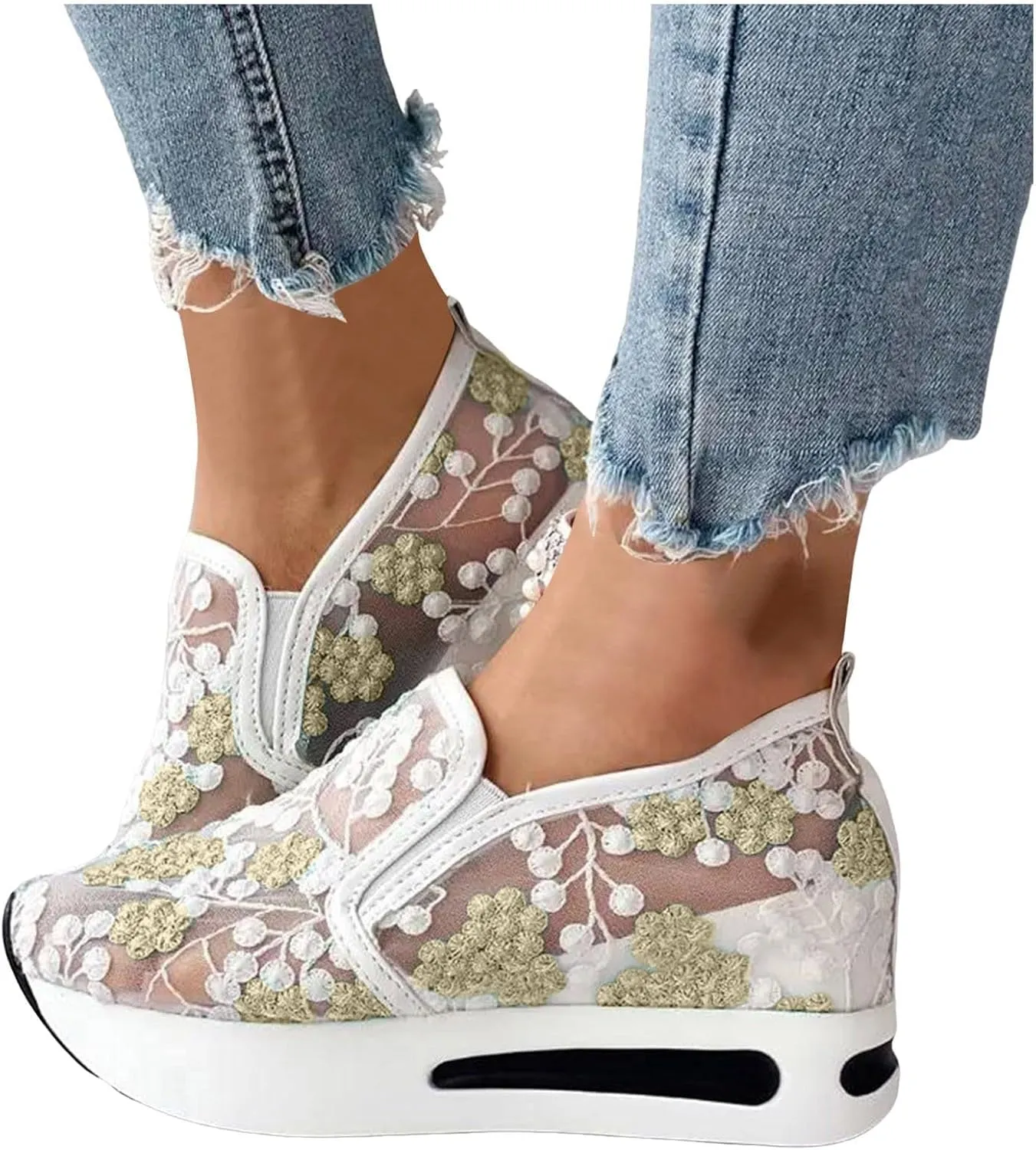 Platform Sneakers for Women Dressy Summer Shoes Lightweight Walking Shoes Fashion Casual Sneakers Comfortable Embroidery Floral Shoe Mesh Breathable Slip On Footwear Floral Loafers