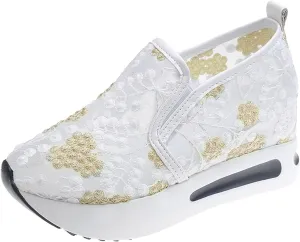 Platform Sneakers for Women Dressy Summer Shoes Lightweight Walking Shoes Fashion Casual Sneakers Comfortable Embroidery Floral Shoe Mesh Breathable Slip On Footwear Floral Loafers