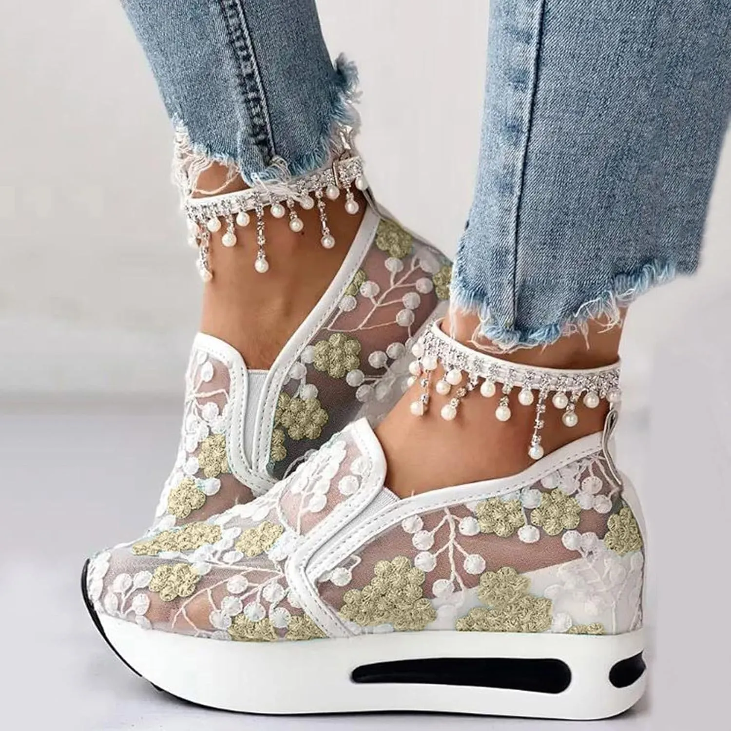 Platform Sneakers for Women Dressy Summer Shoes Lightweight Walking Shoes Fashion Casual Sneakers Comfortable Embroidery Floral Shoe Mesh Breathable Slip On Footwear Floral Loafers