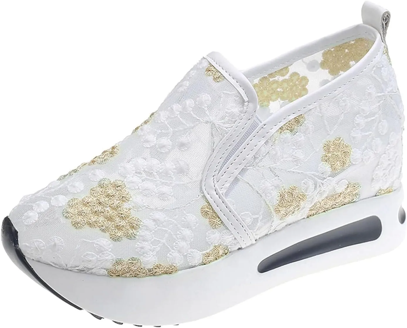 Platform Sneakers for Women Dressy Summer Shoes Lightweight Walking Shoes Fashion Casual Sneakers Comfortable Embroidery Floral Shoe Mesh Breathable Slip On Footwear Floral Loafers