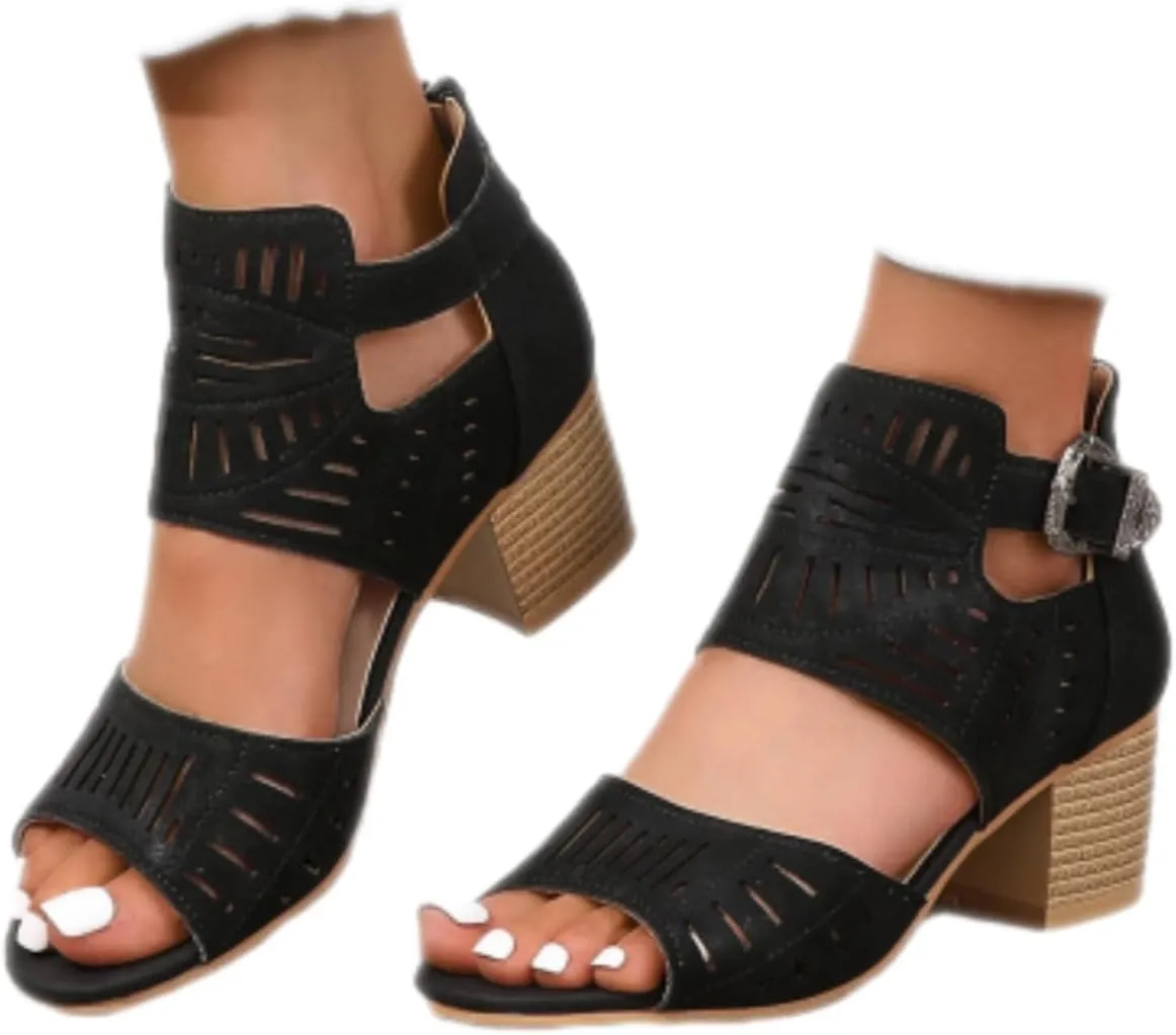 SACFOF Sandals for Women Dressy Summer Peep Toe Slingback Chunky Stacked Heel Ankle Booties Ankle Buckle Strap Sandals