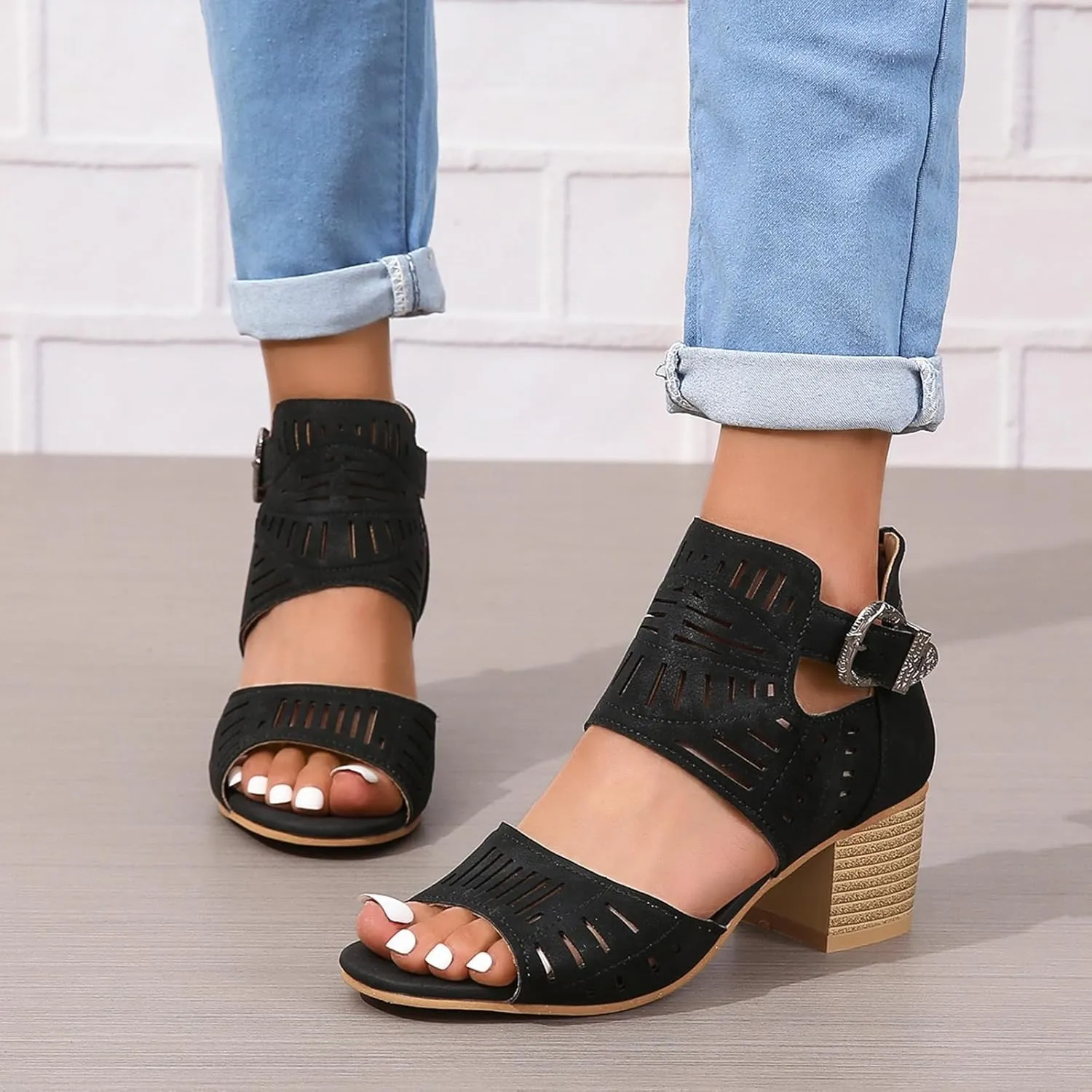 SACFOF Sandals for Women Dressy Summer Peep Toe Slingback Chunky Stacked Heel Ankle Booties Ankle Buckle Strap Sandals