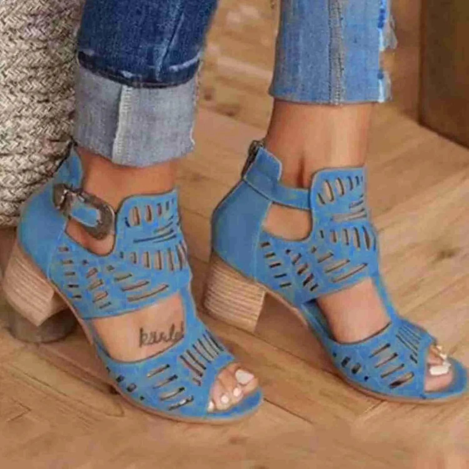 SACFOF Womens Peep Toe Sandals,Summer Buckle Cutout Low Heeled Sandals Dressy Ankle Strap Sandals with Back Zipper