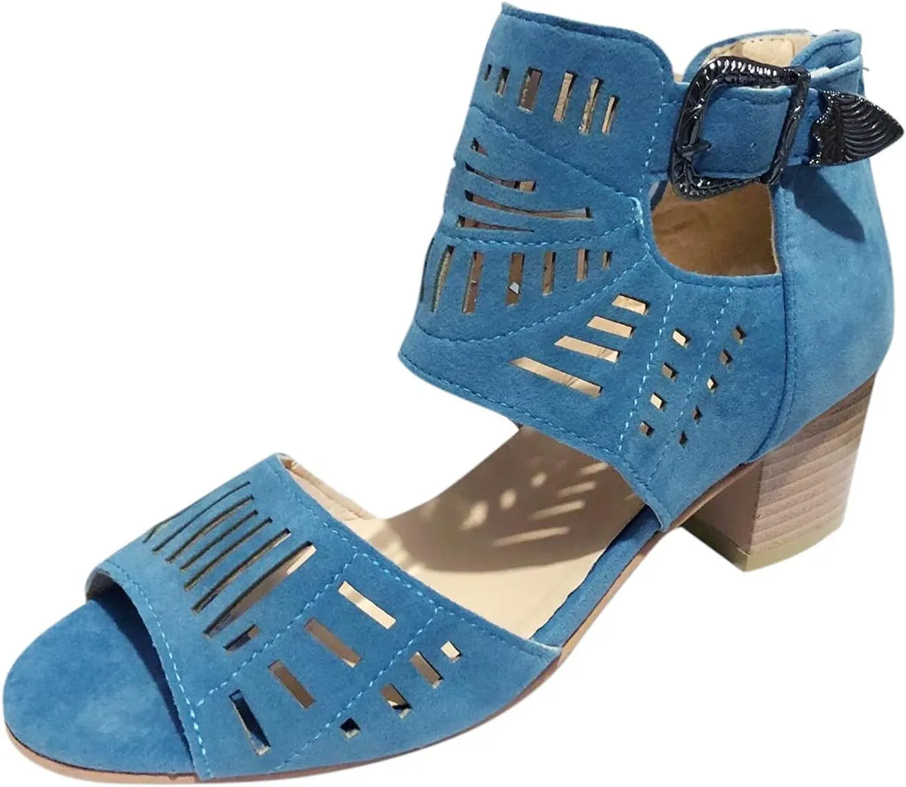 SACFOF Womens Peep Toe Sandals,Summer Buckle Cutout Low Heeled Sandals Dressy Ankle Strap Sandals with Back Zipper