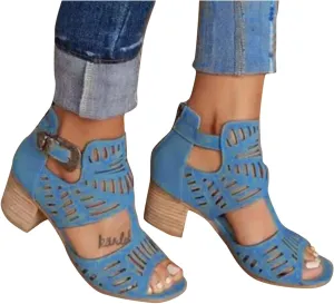 SACFOF Womens Peep Toe Sandals,Summer Buckle Cutout Low Heeled Sandals Dressy Ankle Strap Sandals with Back Zipper