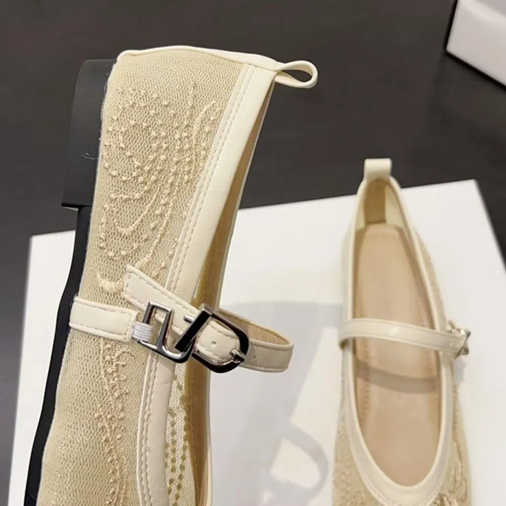SAILING LU Women's Round Toe Embroidered Ballet Flats Retro Dressy Buckle Flat Shoes Elegant Wedding Soft Slip-Ons for Women