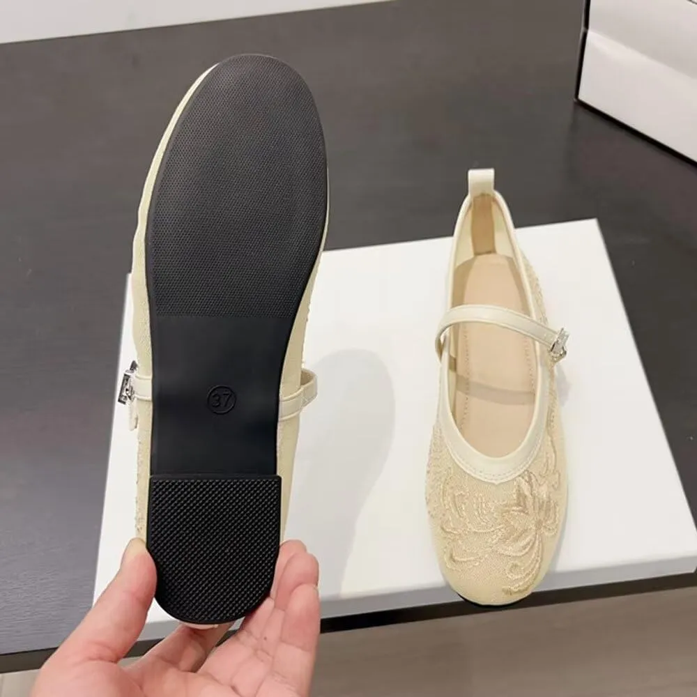 SAILING LU Women's Round Toe Embroidered Ballet Flats Retro Dressy Buckle Flat Shoes Elegant Wedding Soft Slip-Ons for Women