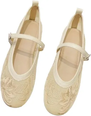 SAILING LU Women's Round Toe Embroidered Ballet Flats Retro Dressy Buckle Flat Shoes Elegant Wedding Soft Slip-Ons for Women