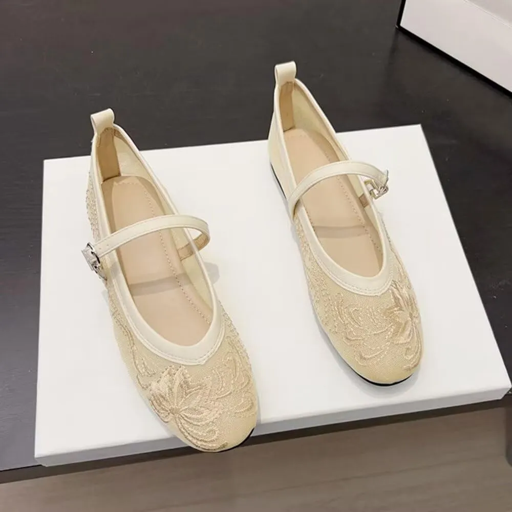 SAILING LU Women's Round Toe Embroidered Ballet Flats Retro Dressy Buckle Flat Shoes Elegant Wedding Soft Slip-Ons for Women
