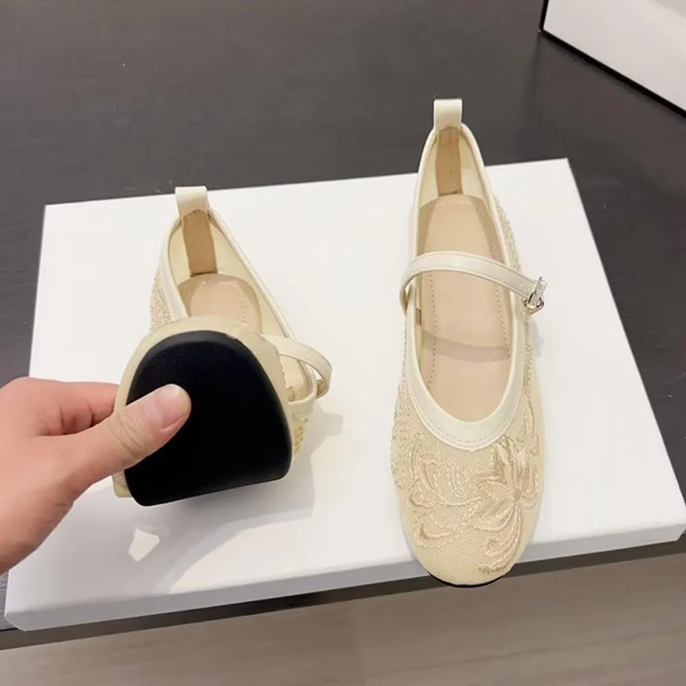 SAILING LU Women's Round Toe Embroidered Ballet Flats Retro Dressy Buckle Flat Shoes Elegant Wedding Soft Slip-Ons for Women