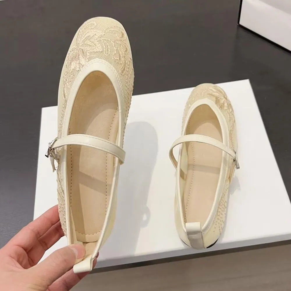 SAILING LU Women's Round Toe Embroidered Ballet Flats Retro Dressy Buckle Flat Shoes Elegant Wedding Soft Slip-Ons for Women