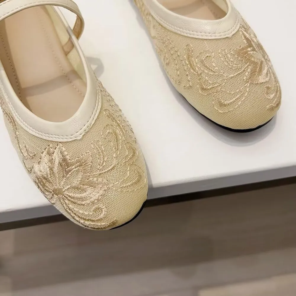 SAILING LU Women's Round Toe Embroidered Ballet Flats Retro Dressy Buckle Flat Shoes Elegant Wedding Soft Slip-Ons for Women
