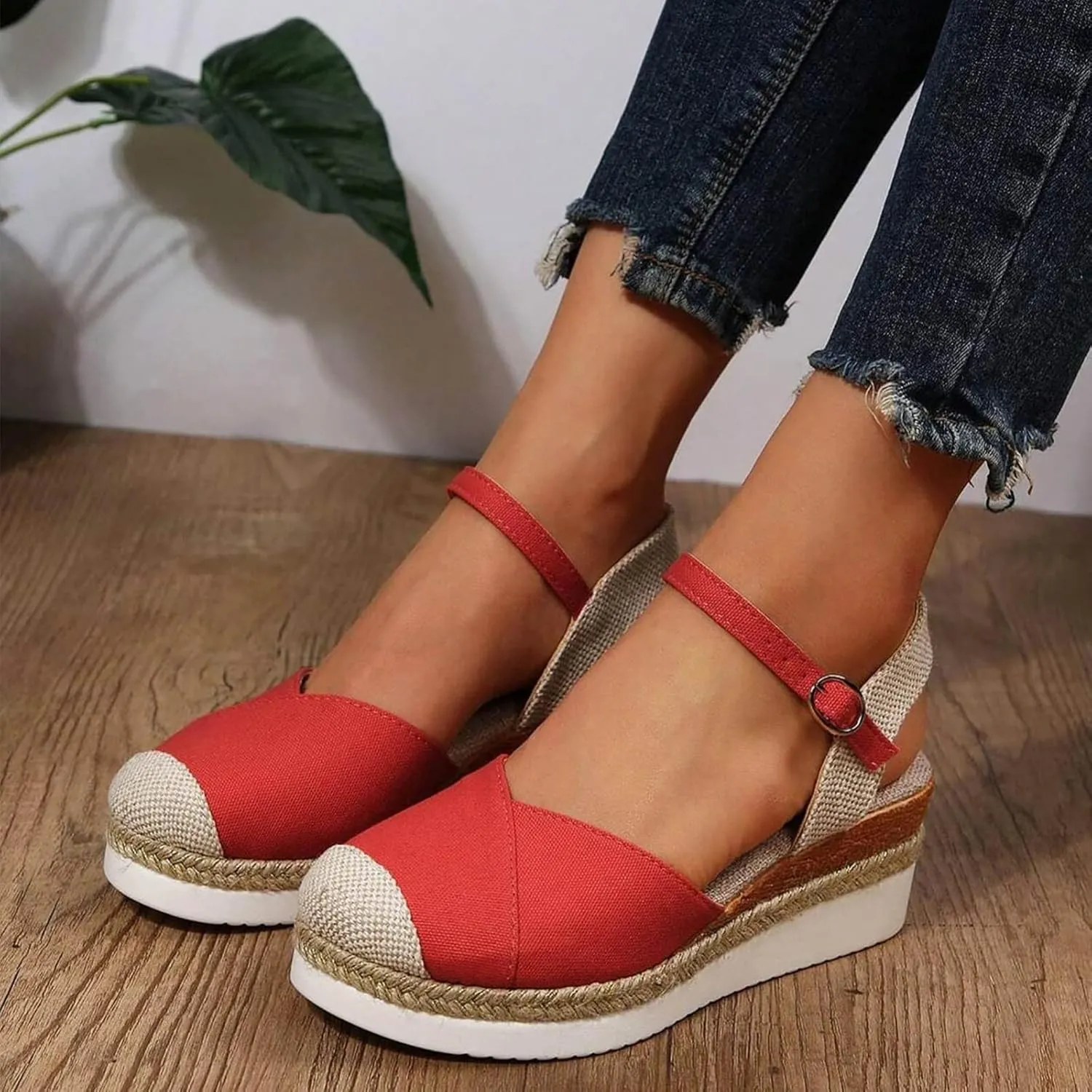 Sandals for Women Closed Toe Crisscross Elastic Ankle Strap Platform Espadrille Wedge Sandals Adjustable Buckle Flat Slide Sandals Canvas Wedge Sandals