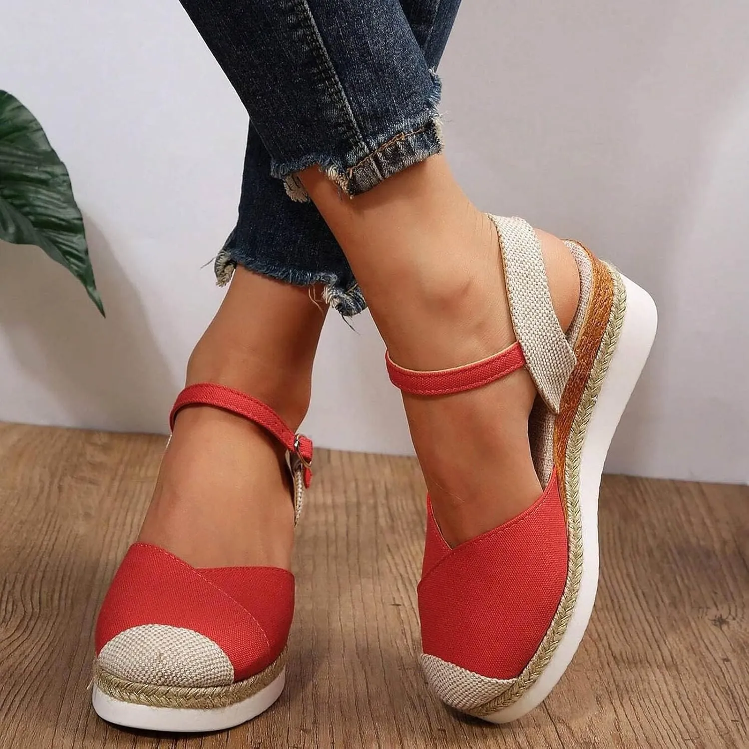 Sandals for Women Closed Toe Crisscross Elastic Ankle Strap Platform Espadrille Wedge Sandals Adjustable Buckle Flat Slide Sandals Canvas Wedge Sandals