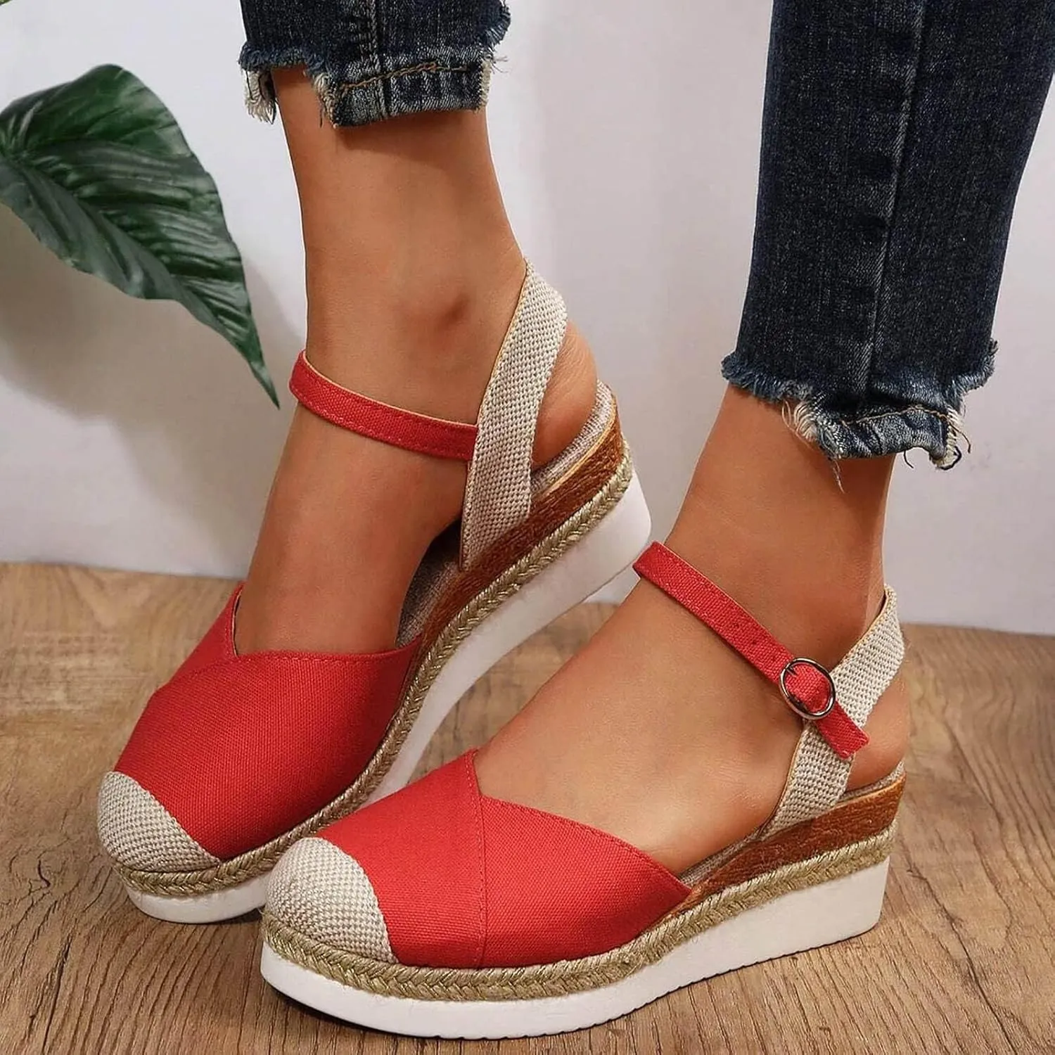 Sandals for Women Closed Toe Crisscross Elastic Ankle Strap Platform Espadrille Wedge Sandals Adjustable Buckle Flat Slide Sandals Canvas Wedge Sandals