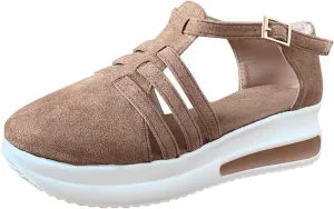 Sandals for Women Dressy Summer Non Slip Flatform Espadrilles Sandals Closed Toe Strappy Ankle Strap Metal Buckle Sandal T-Strap Comfort Shoes Walking Loafers