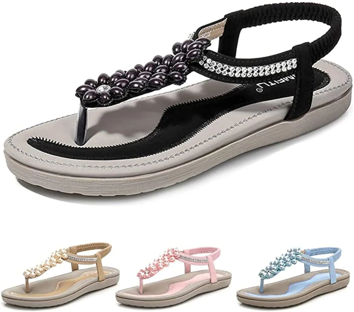 Sandals for Women Dressy,Womens Casual Summer Pearl Beaded Flip Flops Beach Comfortable Ankle T-Strap Flat Sandals Shoes