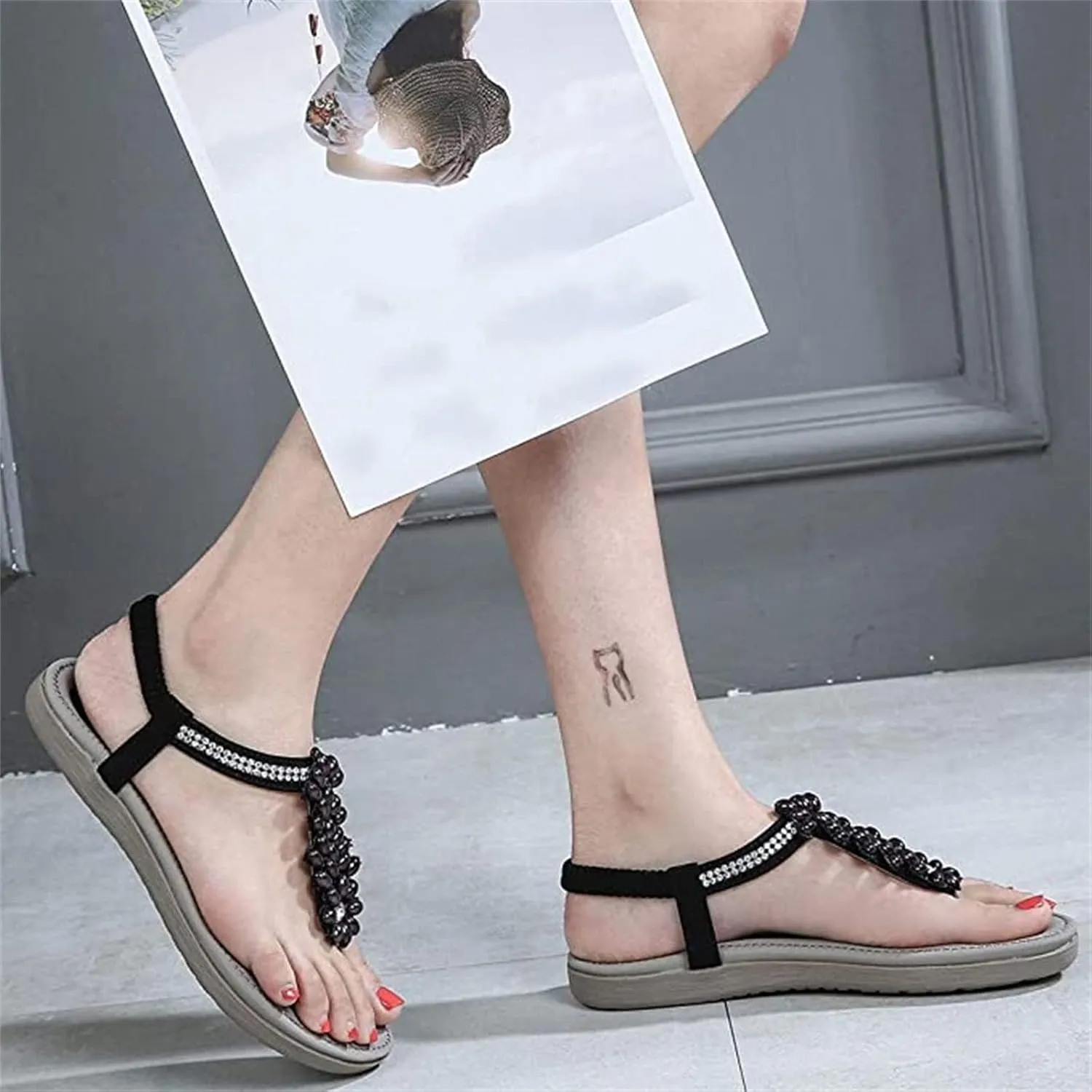 Sandals for Women Dressy,Womens Casual Summer Pearl Beaded Flip Flops Beach Comfortable Ankle T-Strap Flat Sandals Shoes
