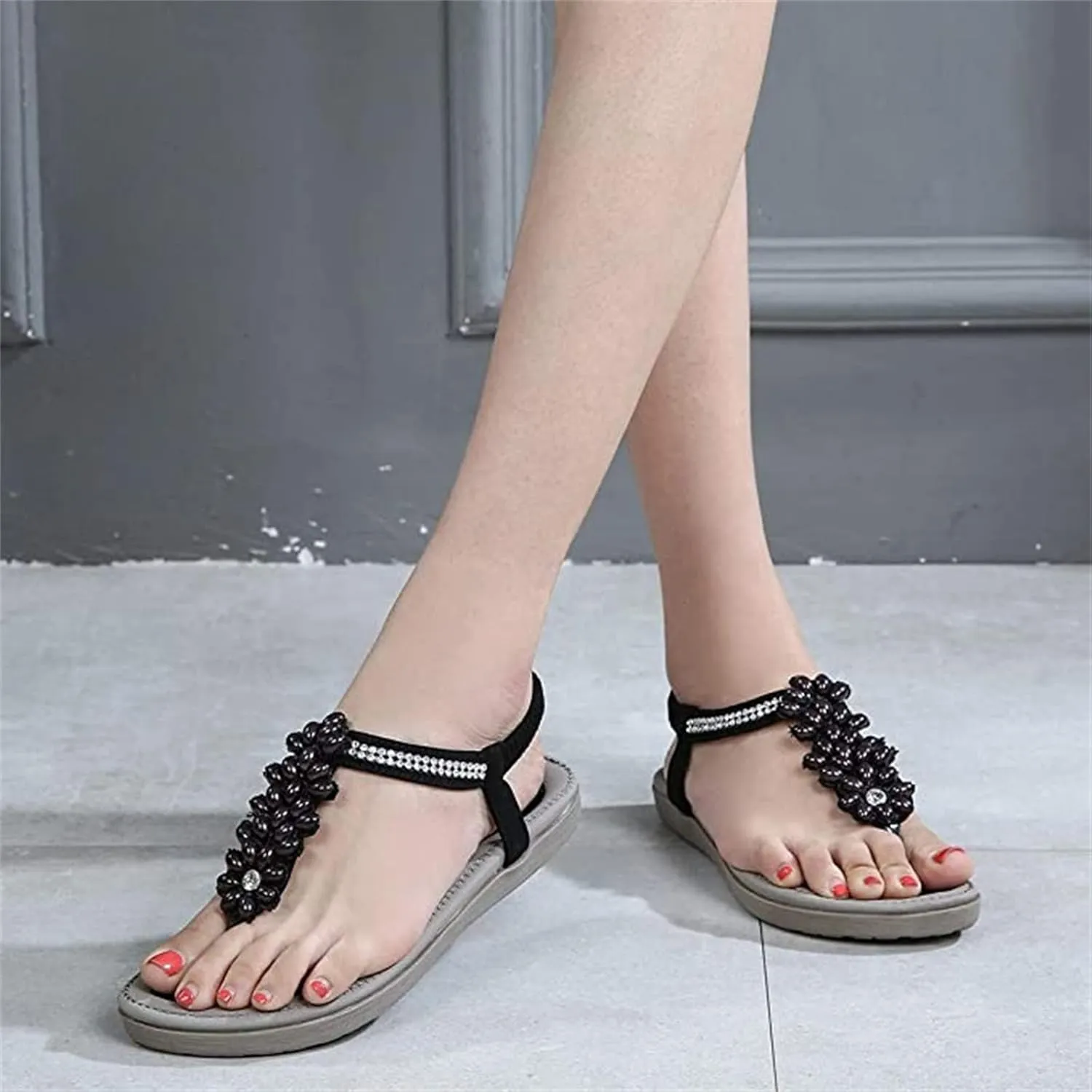 Sandals for Women Dressy,Womens Casual Summer Pearl Beaded Flip Flops Beach Comfortable Ankle T-Strap Flat Sandals Shoes