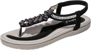 Sandals for Women Dressy,Womens Casual Summer Pearl Beaded Flip Flops Beach Comfortable Ankle T-Strap Flat Sandals Shoes