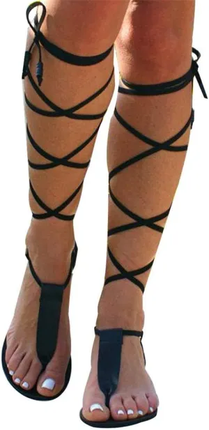 Sandals for Women Platform,Gladiator Sandals Flat Summer Beach Sandals Strappy Lace Up Open Toe Knee High Flat Sandal