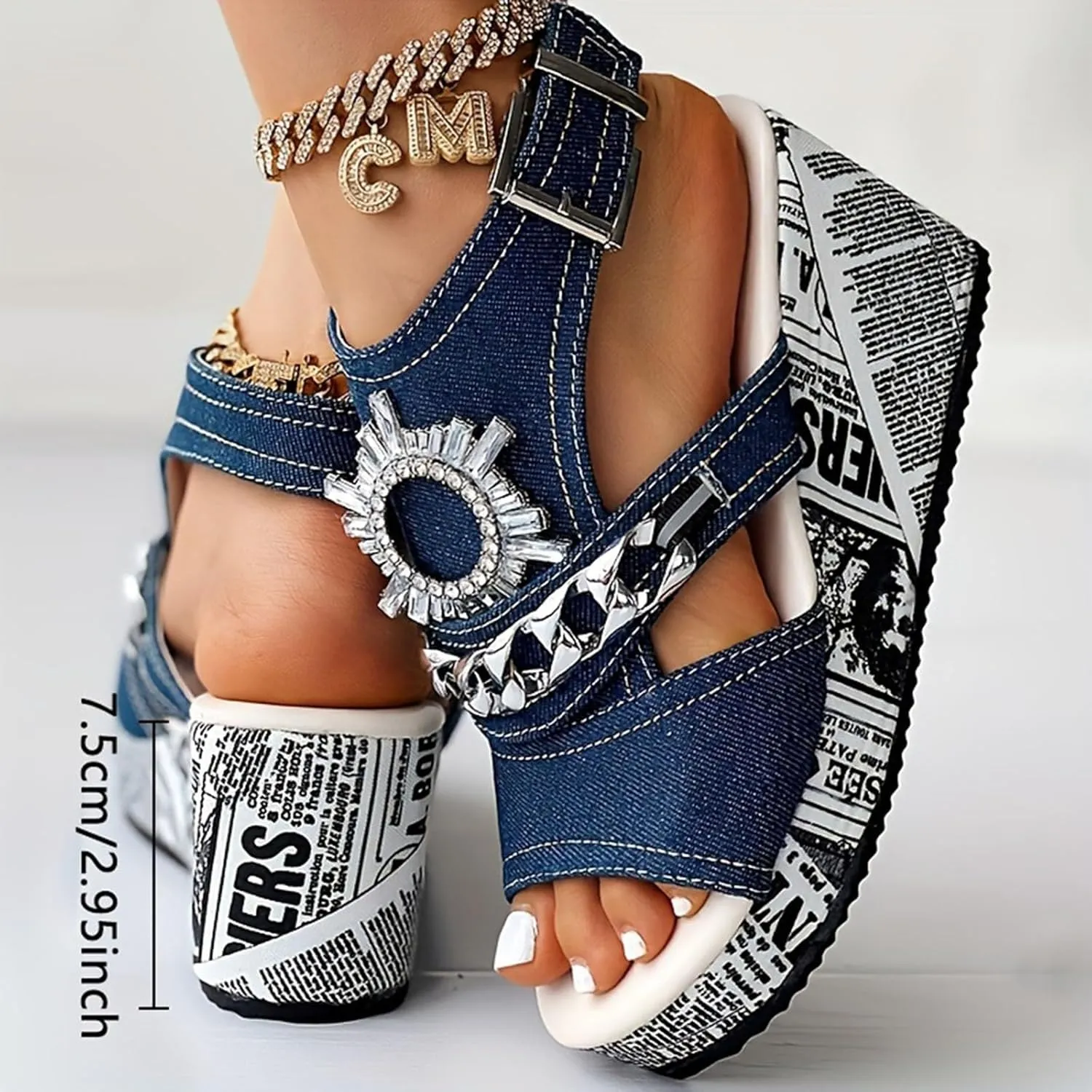 Sandals For Womens Canvas Denim Wedge Heel Round Head Sandal Comfortable Rhinestone High Platform Heels Punk Style