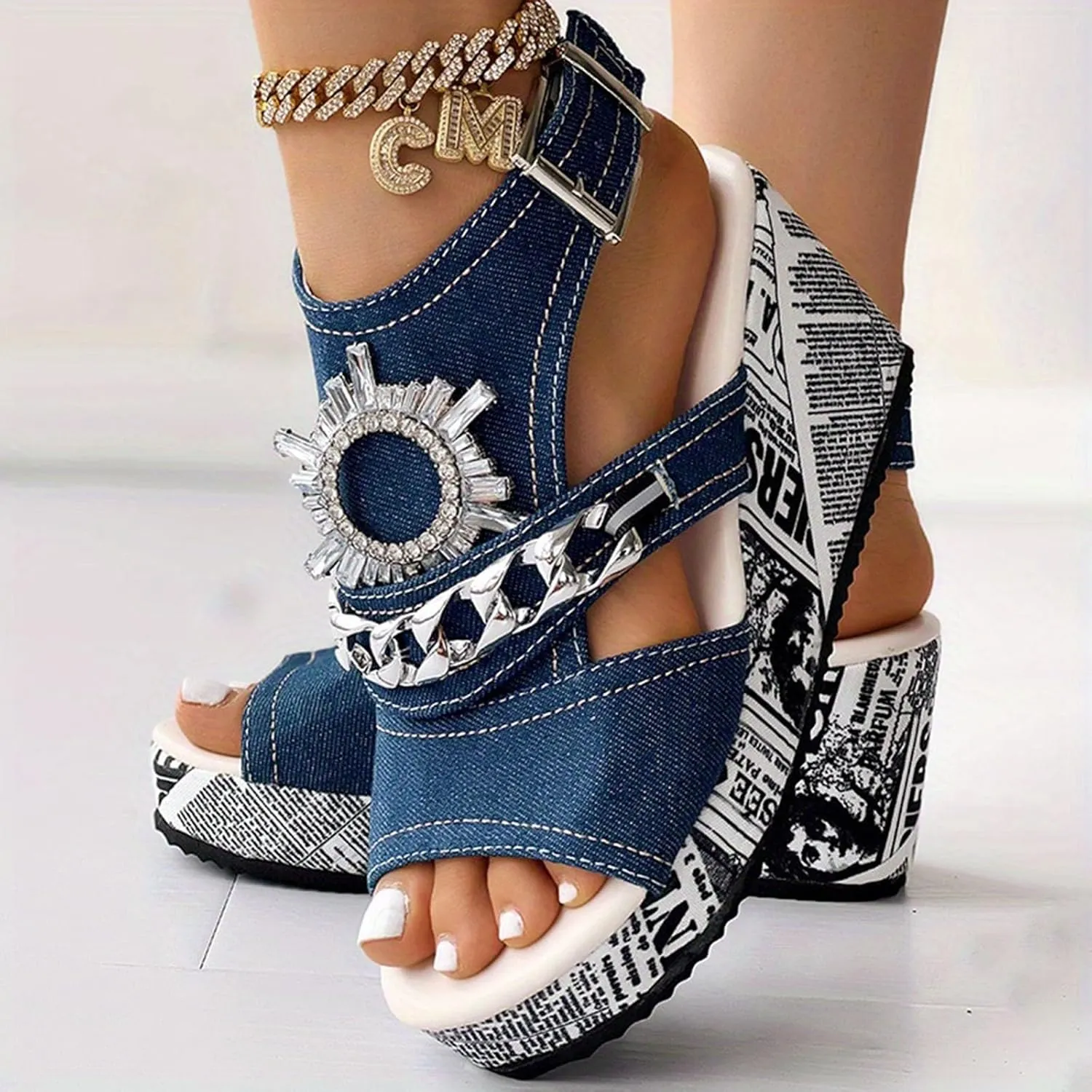 Sandals For Womens Canvas Denim Wedge Heel Round Head Sandal Comfortable Rhinestone High Platform Heels Punk Style