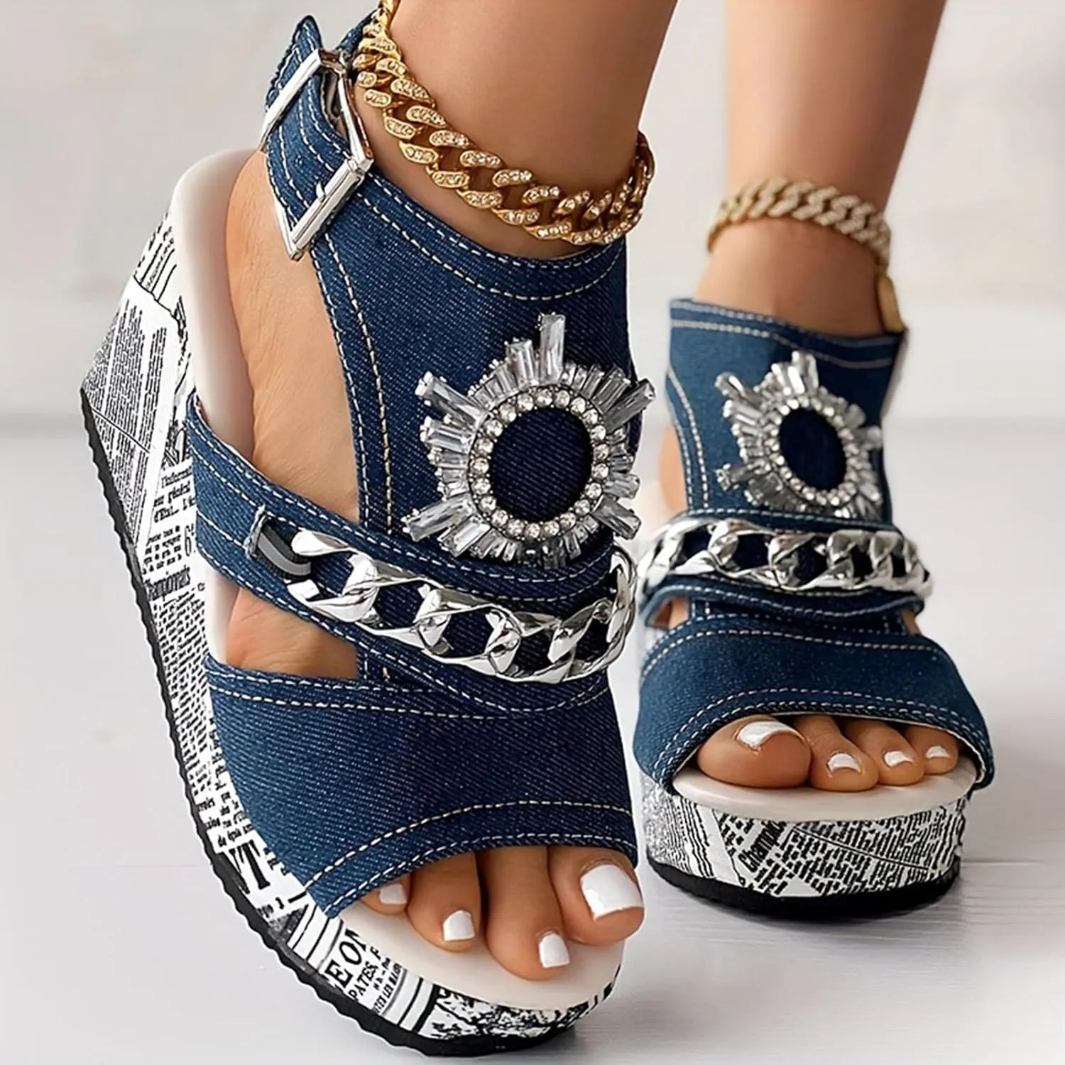 Sandals For Womens Canvas Denim Wedge Heel Round Head Sandal Comfortable Rhinestone High Platform Heels Punk Style