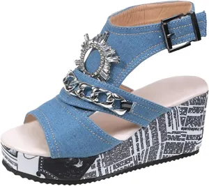 Sandals For Womens Canvas Denim Wedge Heel Round Head Sandal Comfortable Rhinestone High Platform Heels Punk Style