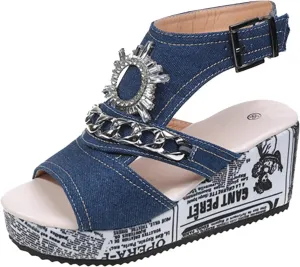 Sandals For Womens Canvas Denim Wedge Heel Round Head Sandal Comfortable Rhinestone High Platform Heels Punk Style
