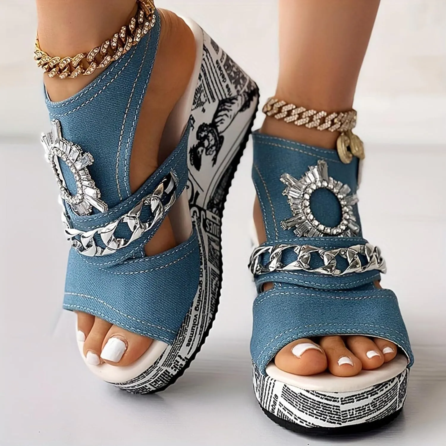 Sandals For Womens Canvas Denim Wedge Heel Round Head Sandal Comfortable Rhinestone High Platform Heels Punk Style