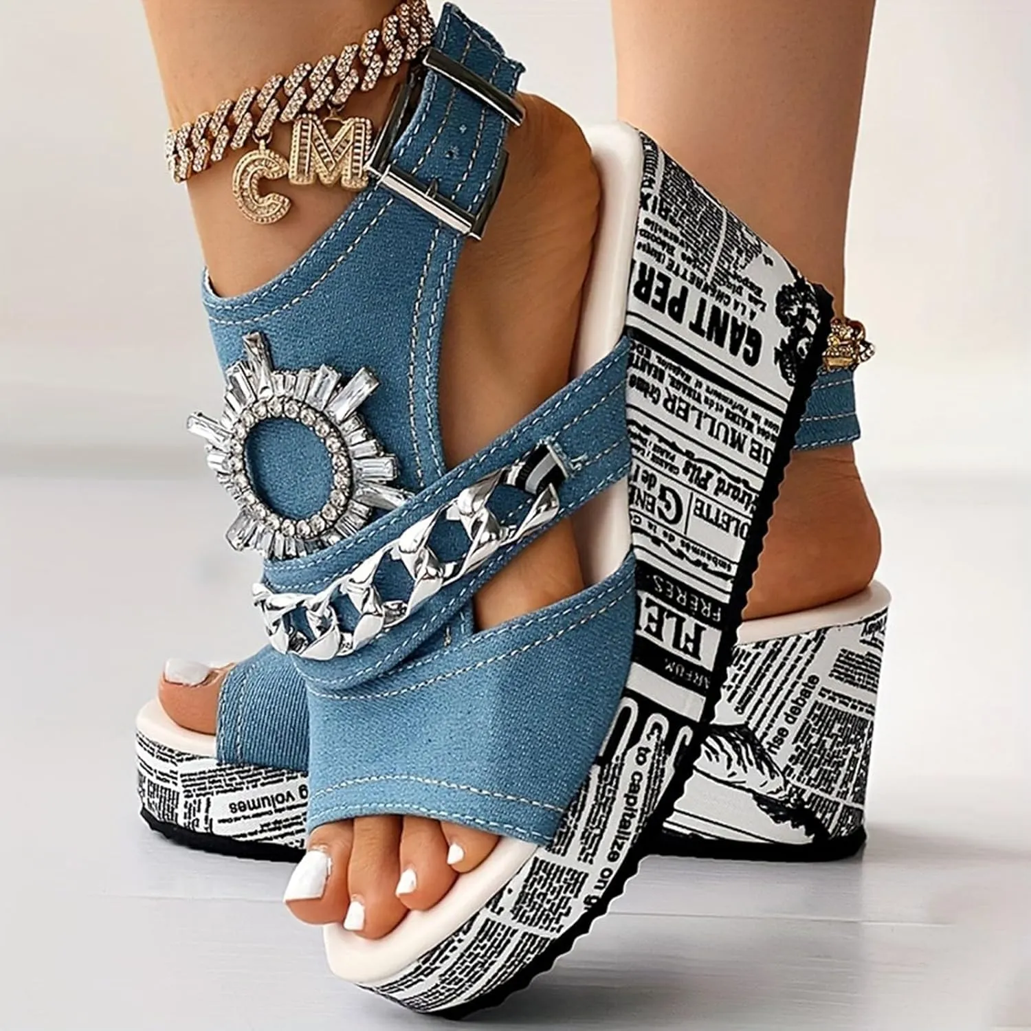 Sandals For Womens Canvas Denim Wedge Heel Round Head Sandal Comfortable Rhinestone High Platform Heels Punk Style