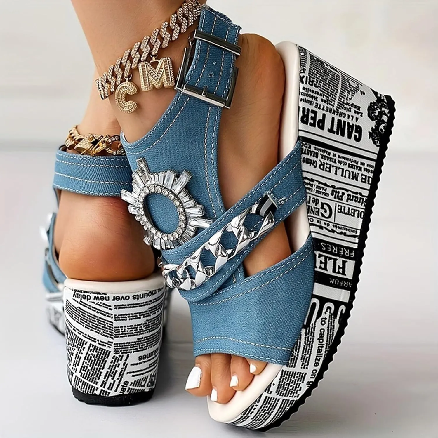 Sandals For Womens Canvas Denim Wedge Heel Round Head Sandal Comfortable Rhinestone High Platform Heels Punk Style