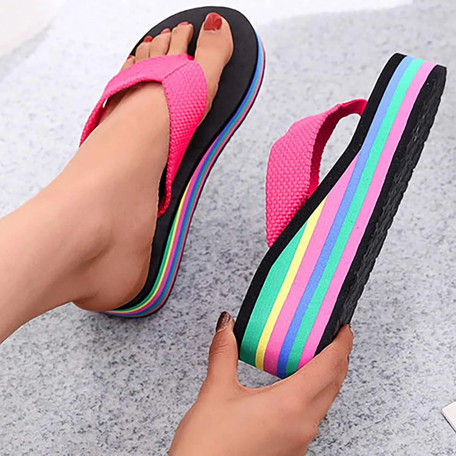 Sandals For Womens Colorful Rainbow Thong Sandals Lightweight Foam Thick Soles Wedge Heels Platform Home Flip Flops