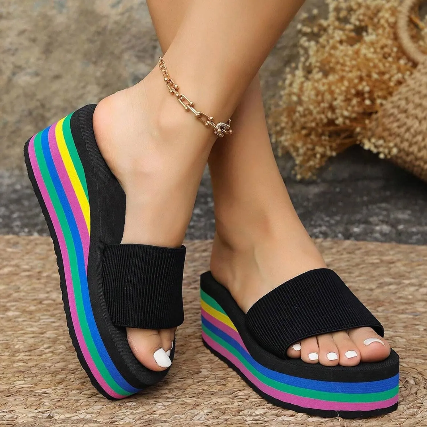 Sandals For Womens Colorful Rainbow Thong Sandals Lightweight Foam Thick Soles Wedge Heels Platform Home Flip Flops