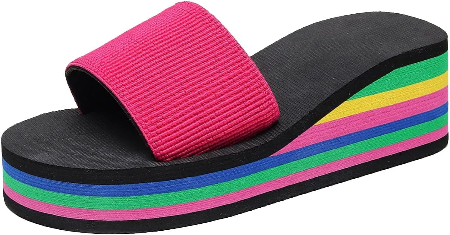 Sandals For Womens Colorful Rainbow Thong Sandals Lightweight Foam Thick Soles Wedge Heels Platform Home Flip Flops