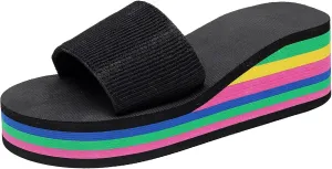 Sandals For Womens Colorful Rainbow Thong Sandals Lightweight Foam Thick Soles Wedge Heels Platform Home Flip Flops