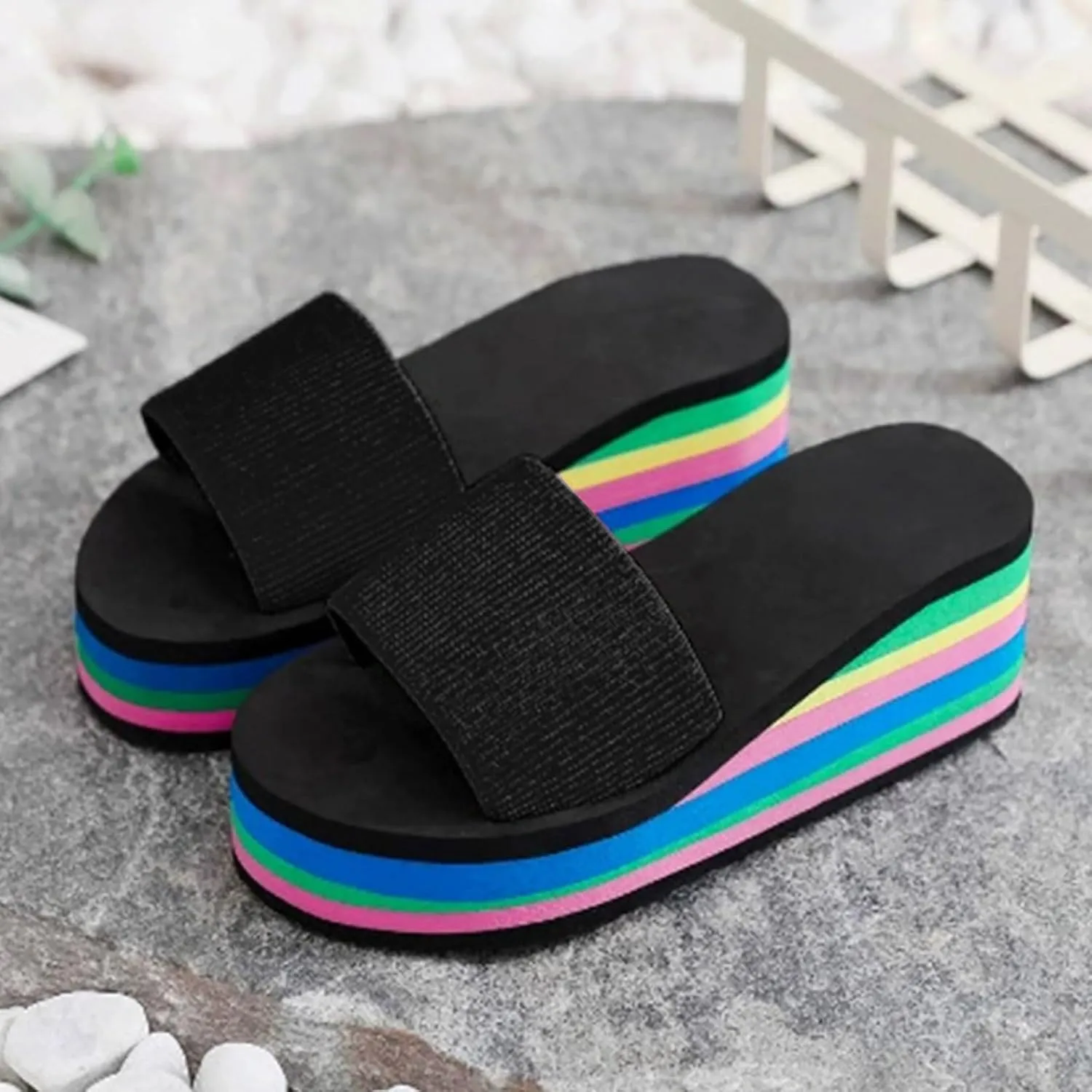 Sandals For Womens Colorful Rainbow Thong Sandals Lightweight Foam Thick Soles Wedge Heels Platform Home Flip Flops