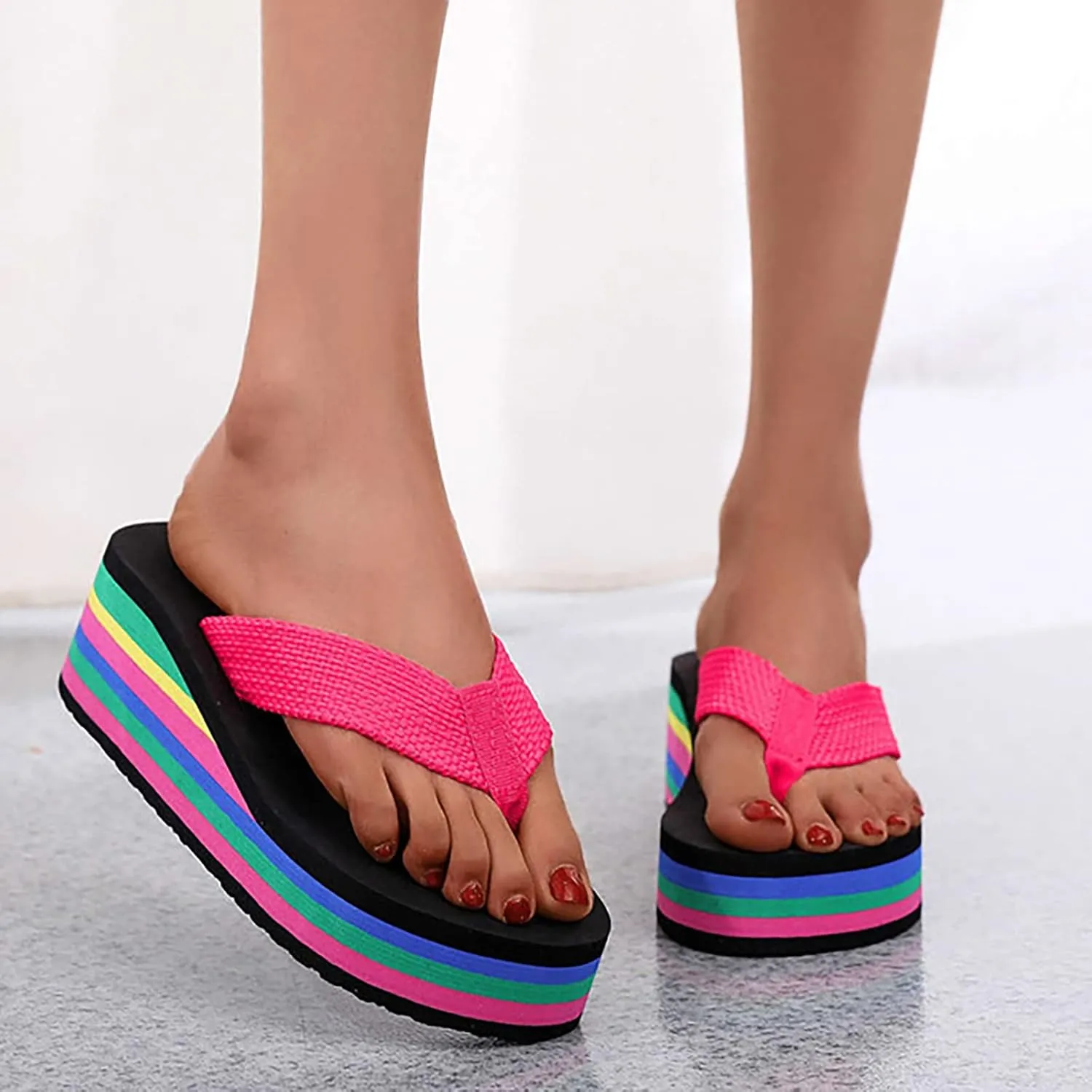 Sandals For Womens Colorful Rainbow Thong Sandals Lightweight Foam Thick Soles Wedge Heels Platform Home Flip Flops