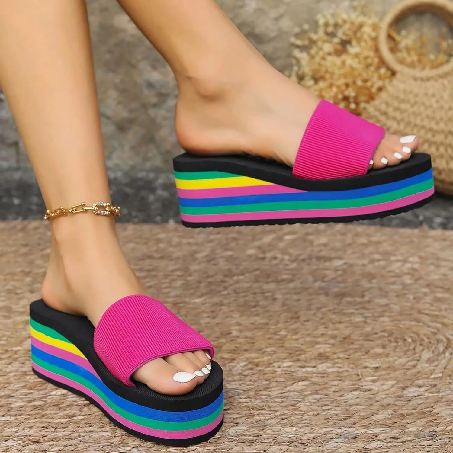 Sandals For Womens Colorful Rainbow Thong Sandals Lightweight Foam Thick Soles Wedge Heels Platform Home Flip Flops