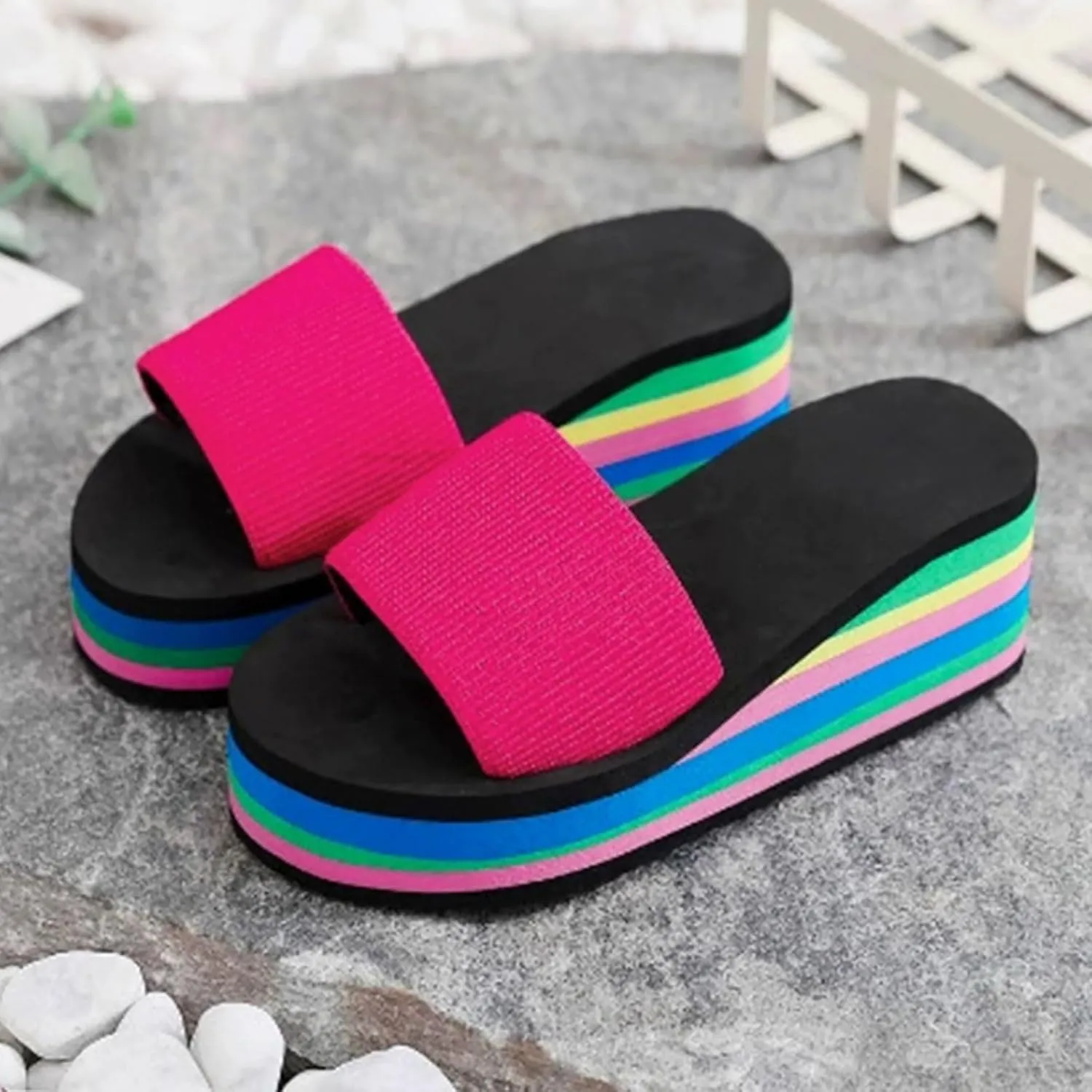 Sandals For Womens Colorful Rainbow Thong Sandals Lightweight Foam Thick Soles Wedge Heels Platform Home Flip Flops