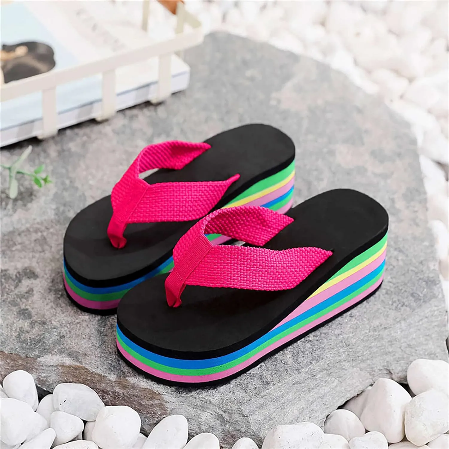 Sandals For Womens Colorful Rainbow Thong Sandals Lightweight Foam Thick Soles Wedge Heels Platform Home Flip Flops